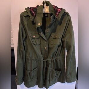 Finesse Olive Military Jacket | Drawstring Waist | Trendy Plaid Hood UtilityCore